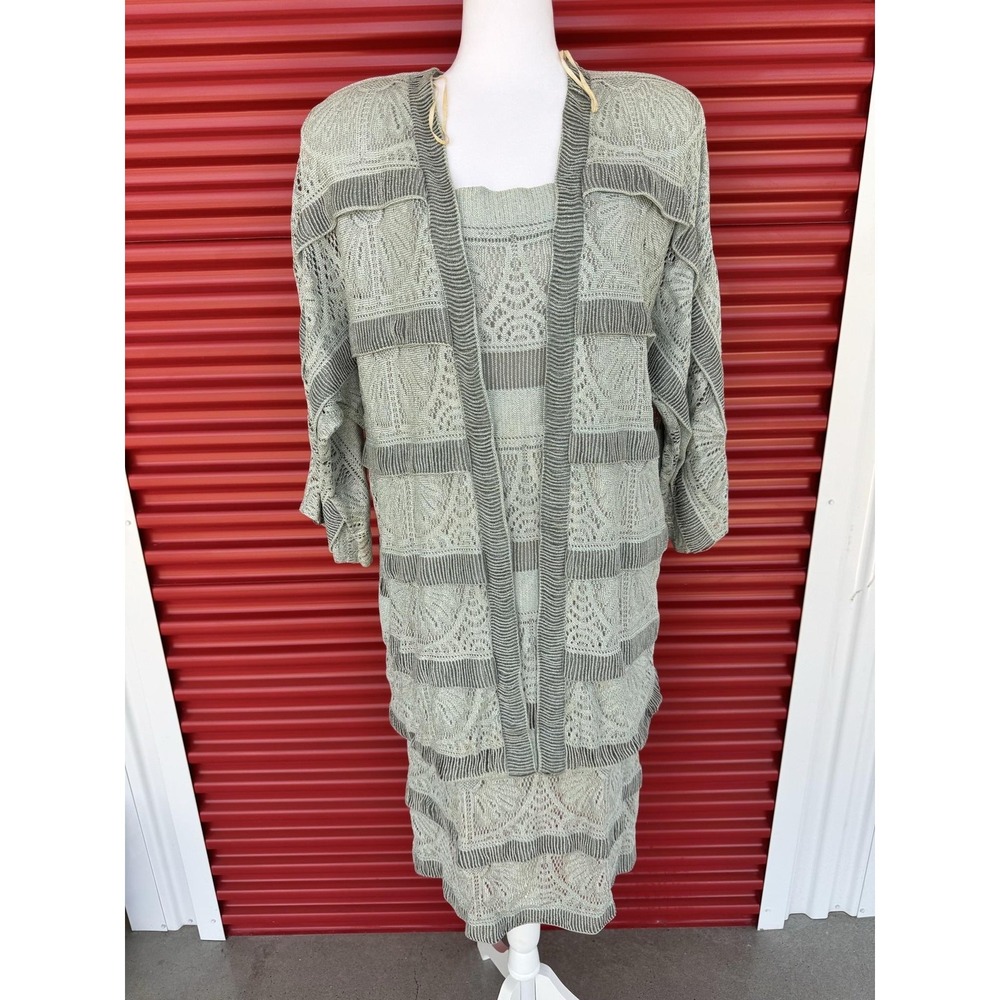 Vintage Damianou Dress Jacket Set Womens Large Green Metallic Knit Lace